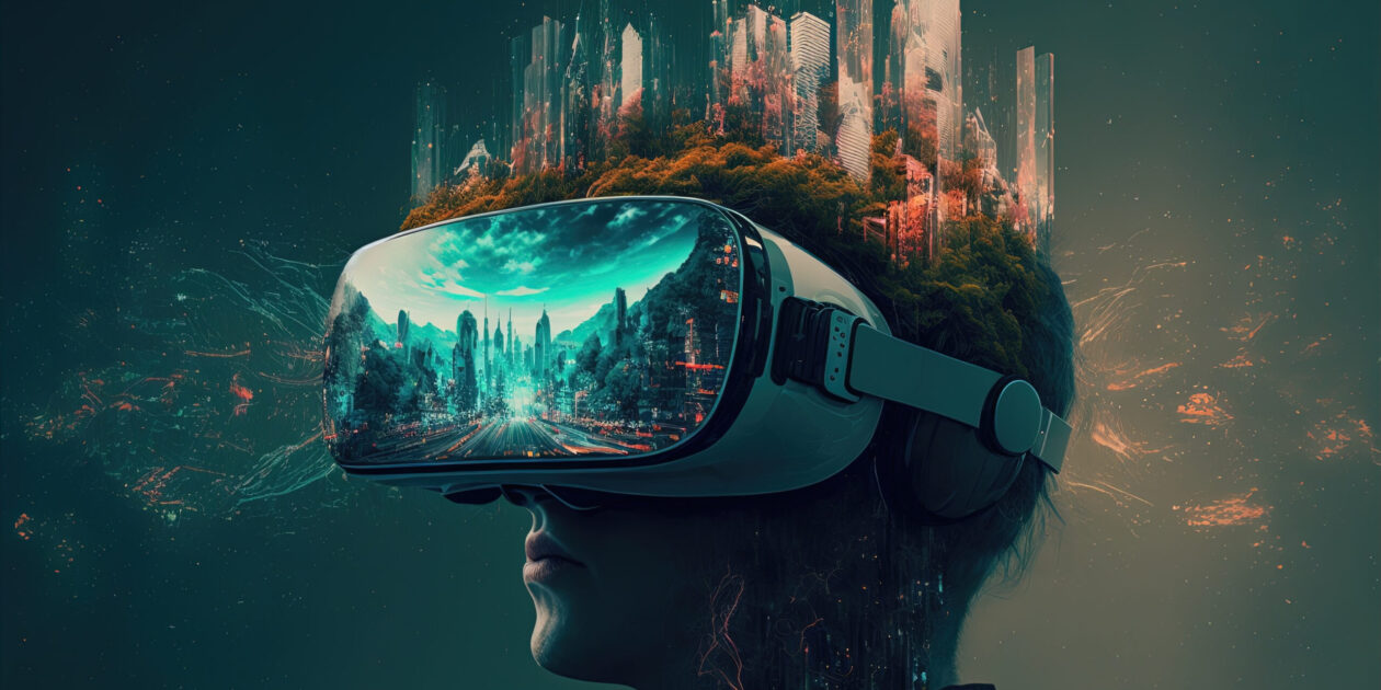 a woman wearing a virtual reality headset with a city in the background, generative AI